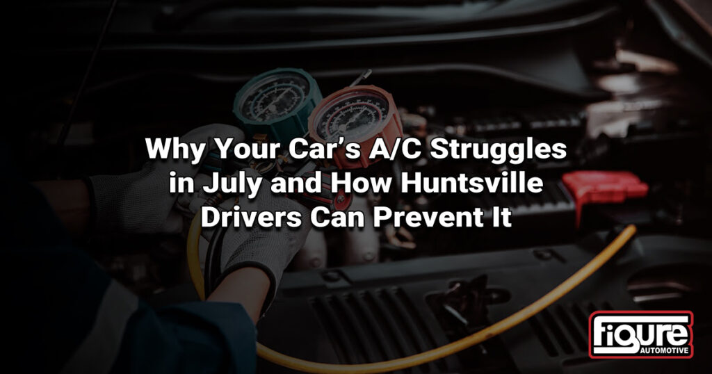 Mechanic reading the high-side A/C gauge on a car in July heat in Huntsville, TX