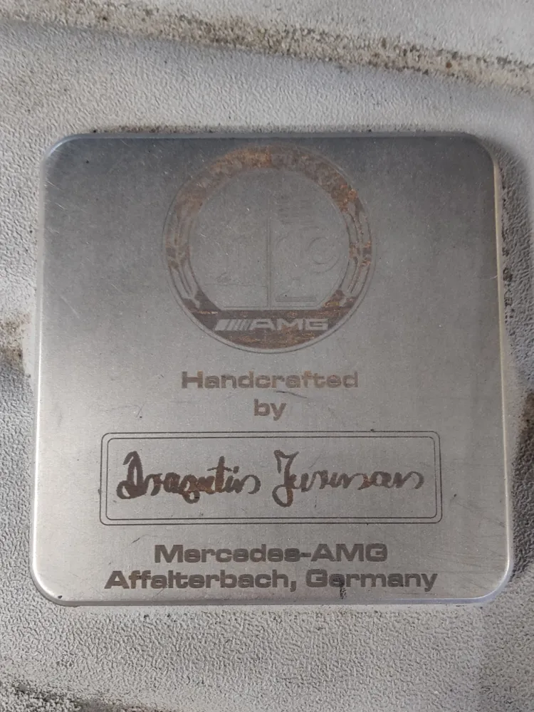 Mercedes-AMG engine plaque reading Handcrafted by, Affalterbach, Germany