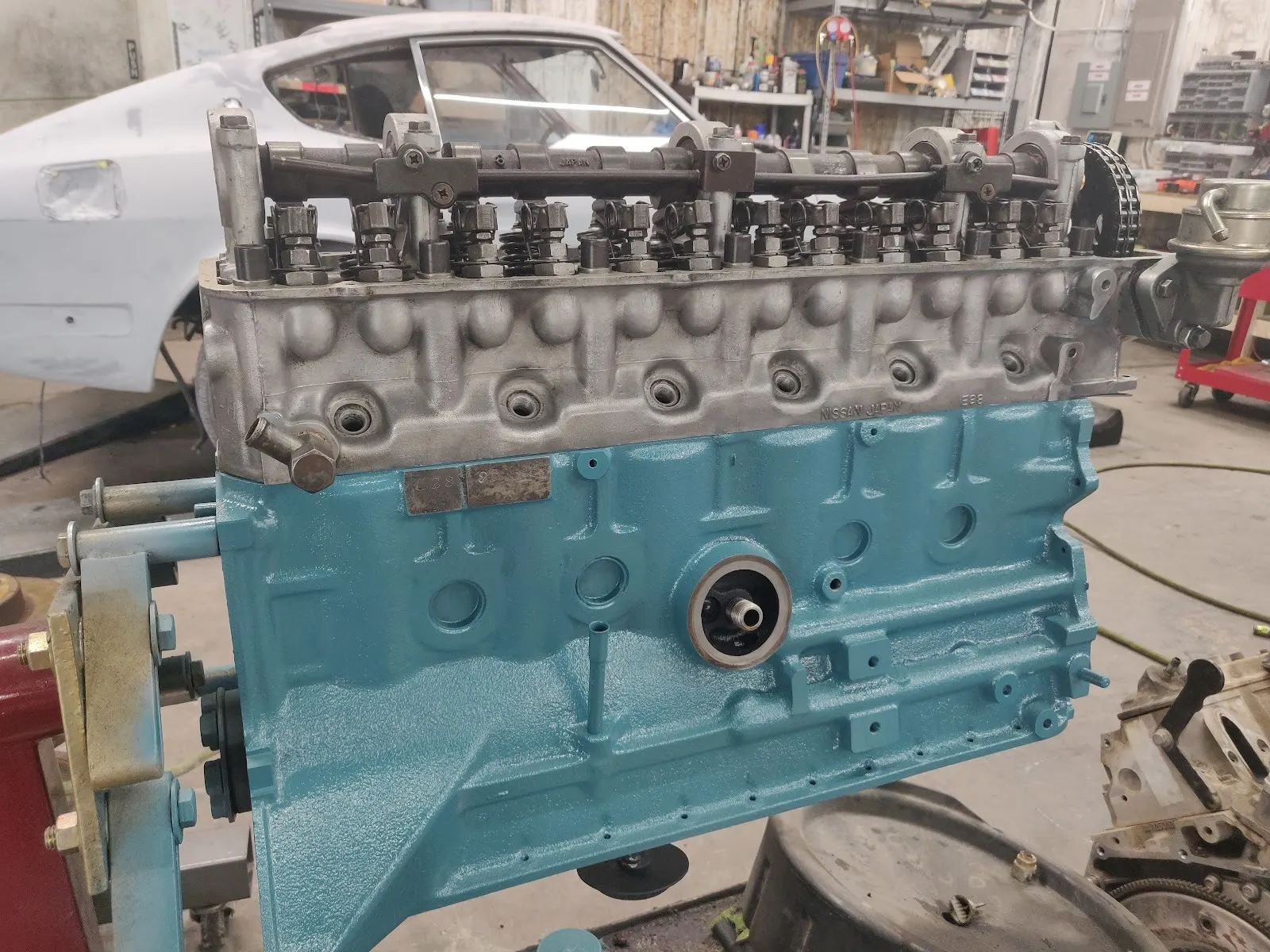 Inline-six engine block and head during a rebuild