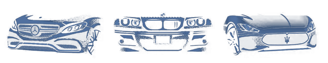 Illustrated fronts of a Mercedes-Benz, BMW and Maserati