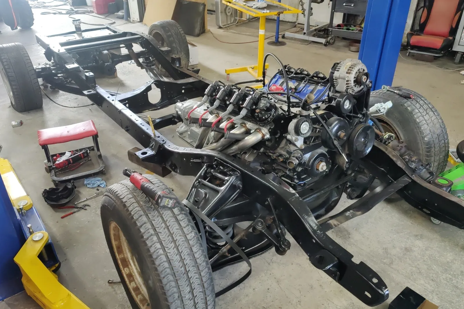 Truck chassis with an LS-style V8 fitted during an engine swap