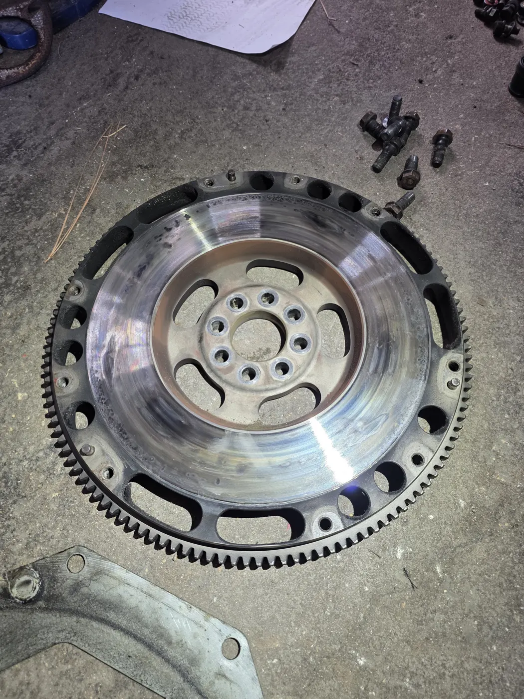 Flywheel removed during a clutch replacement