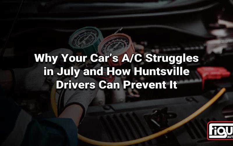 Figure Automotive tech diagnosing high-pressure A/C system during Texas summer ASE mechanic reading high-side A/C gauge on a car in 100-degree Huntsville July heat
