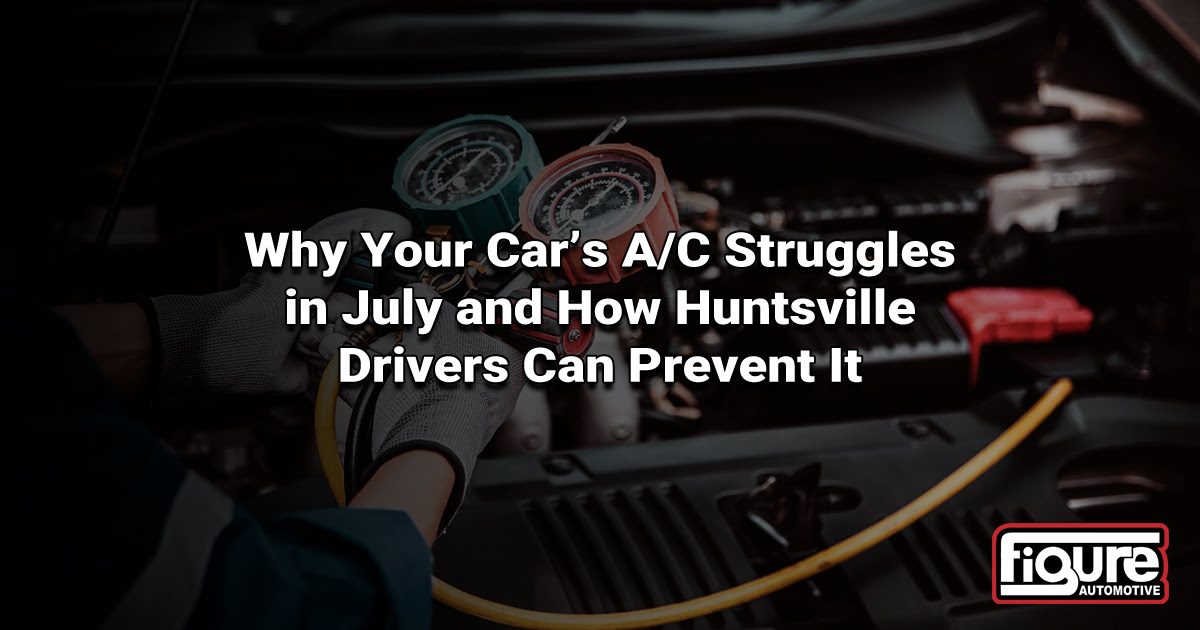 ASE mechanic reading high-side A/C gauge on a car in 100-degree Huntsville July heat